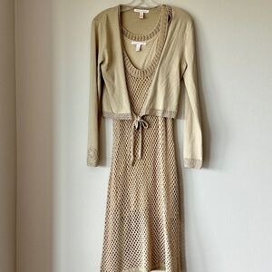 Tori Richard Beige Crochet Sleeveless Dress Long Sleeve Cardigan 2 Piece Set - S